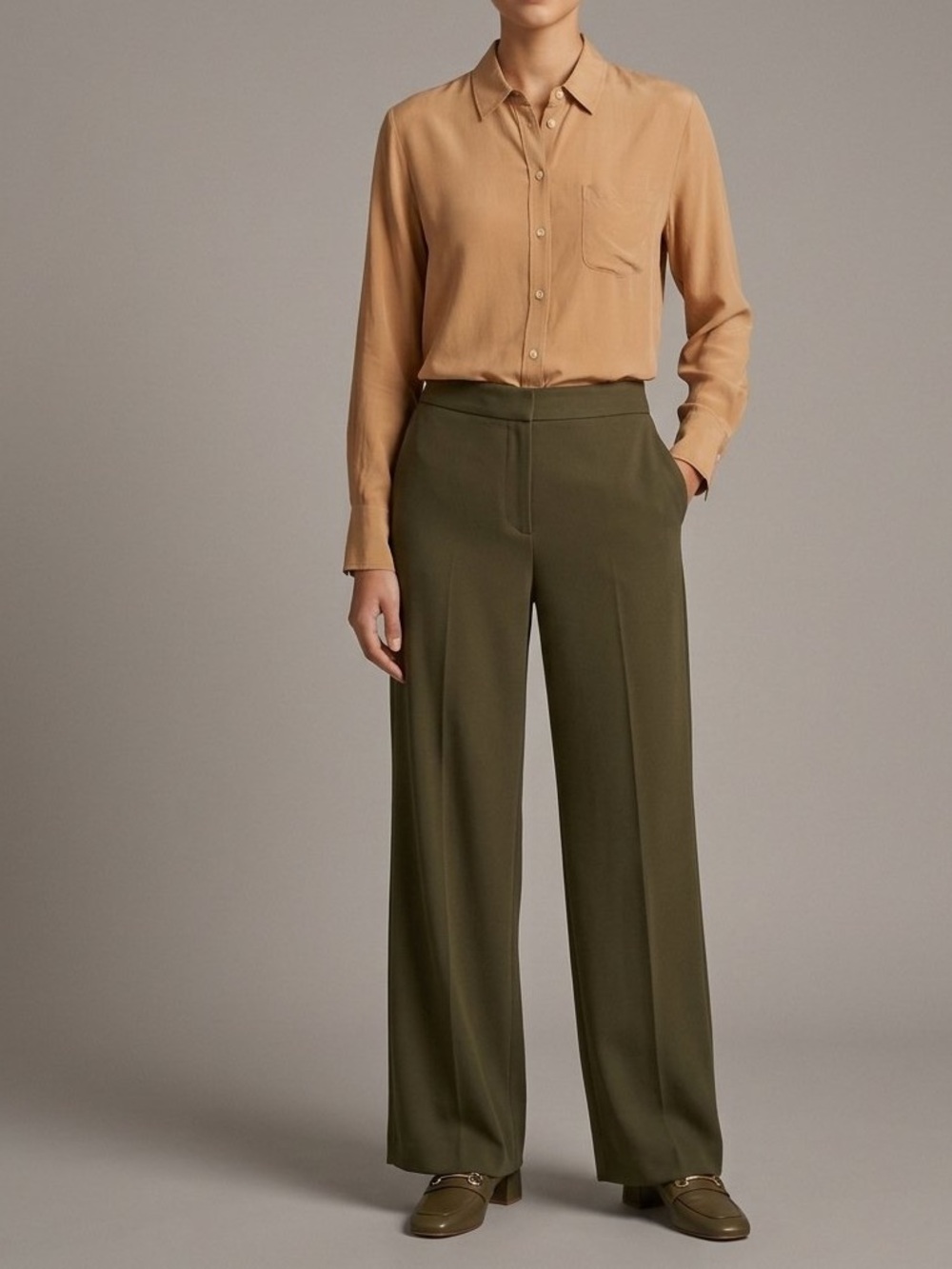 Women's Silk Button-Down Shirt in Tan - Classic Collared Blouse